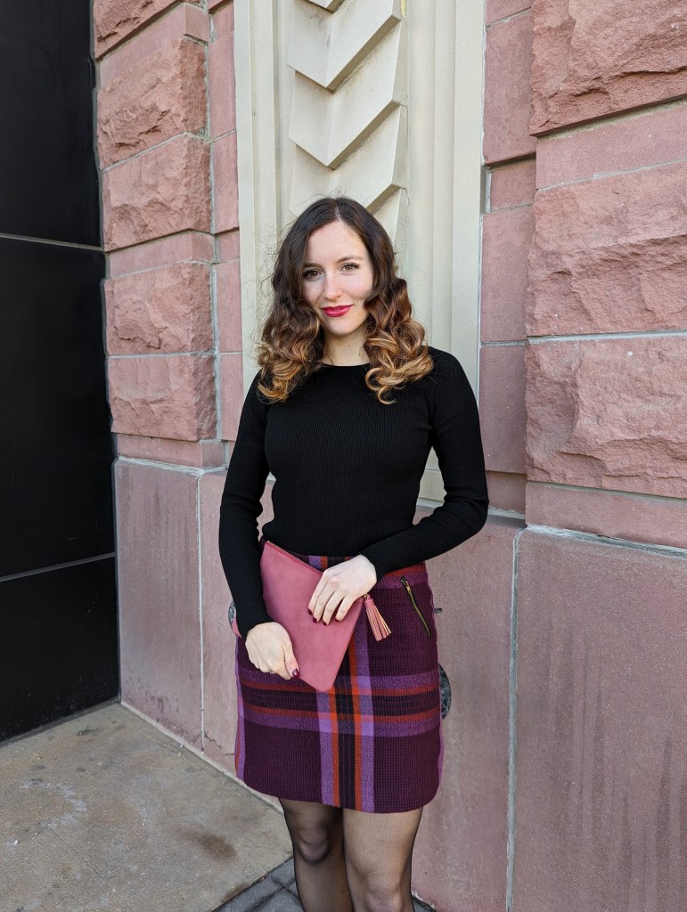black-ribbed-sweater-plaid-skirt-francescas-purse-sleep-in-curlers