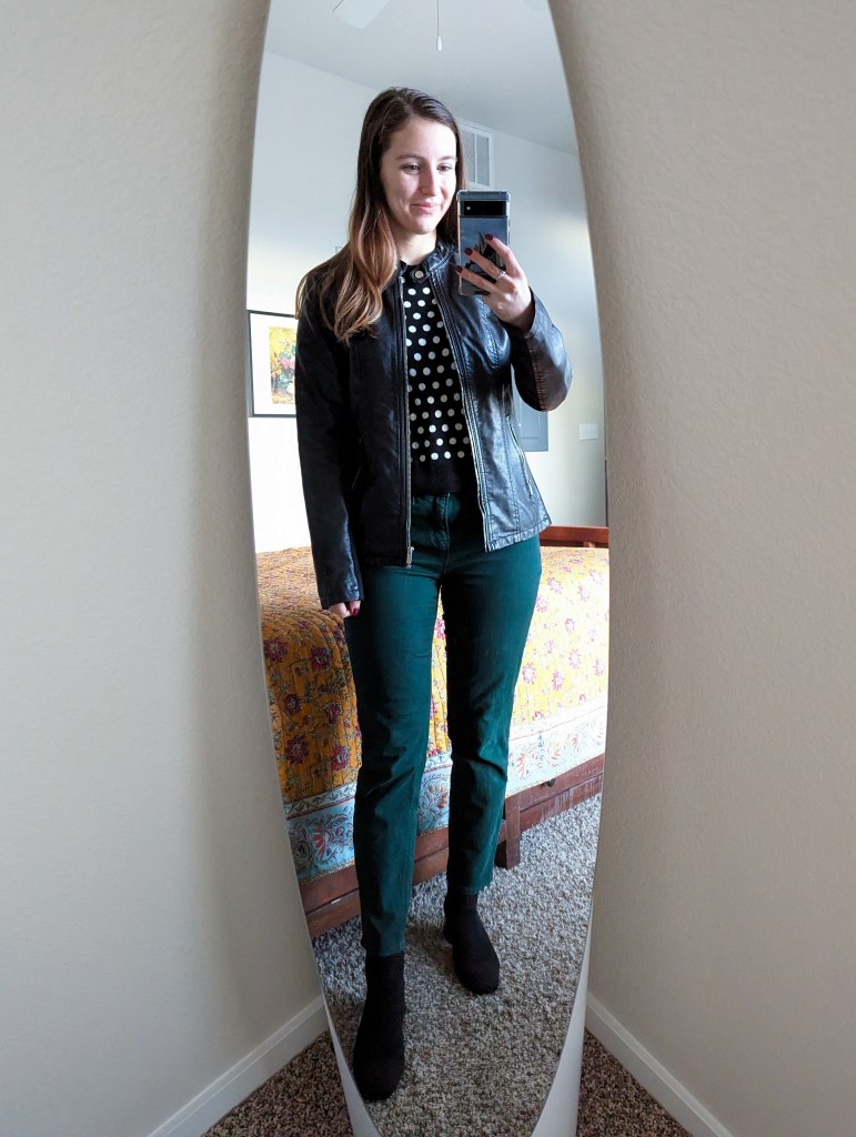 polka-dot-sweater-dr2-by-daniel-rainn-leather-jacket-green-pants