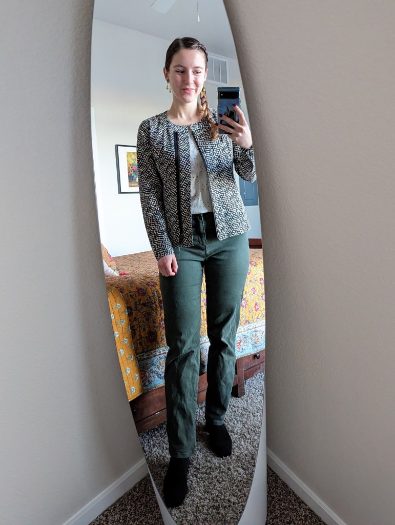 beige-sweater-printed-jacket-cabi-clothing-olive-green-pants-black-booties-vivaia
