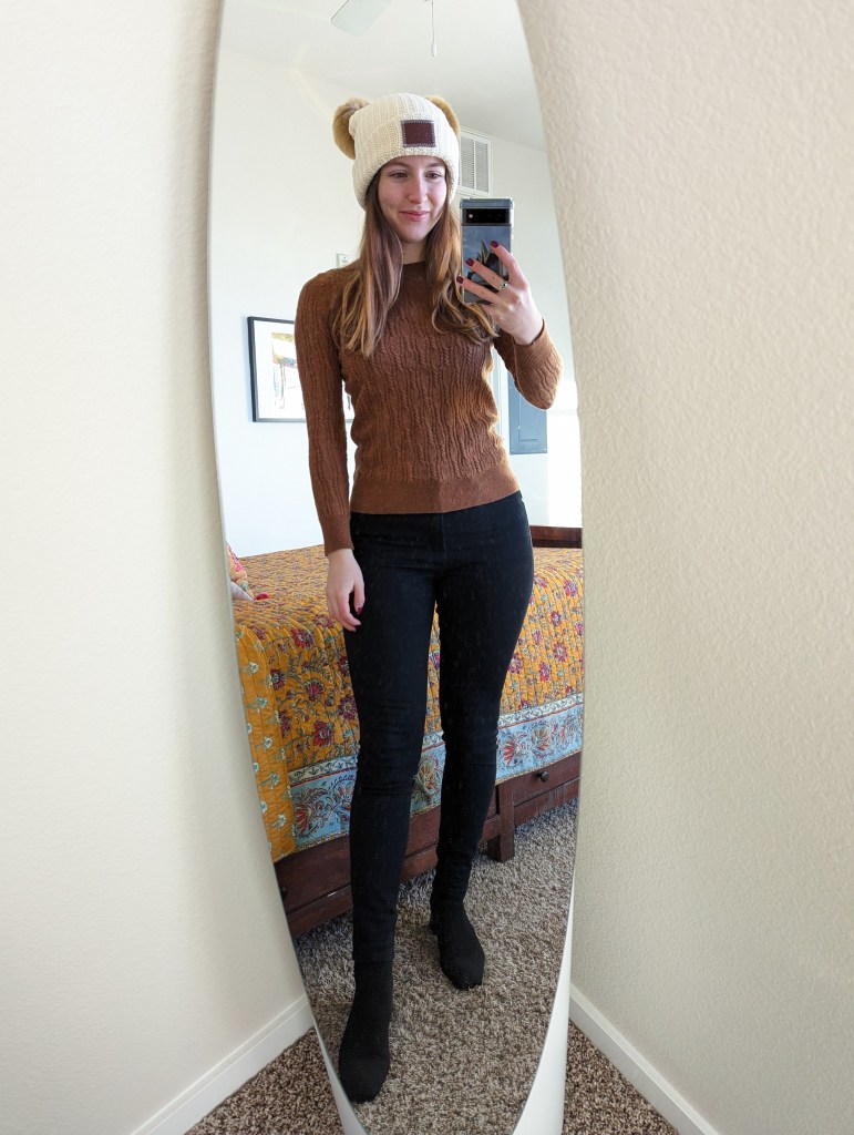 brown-cableknit-sweater-black-skinny-jeans-love-your-melon-hat