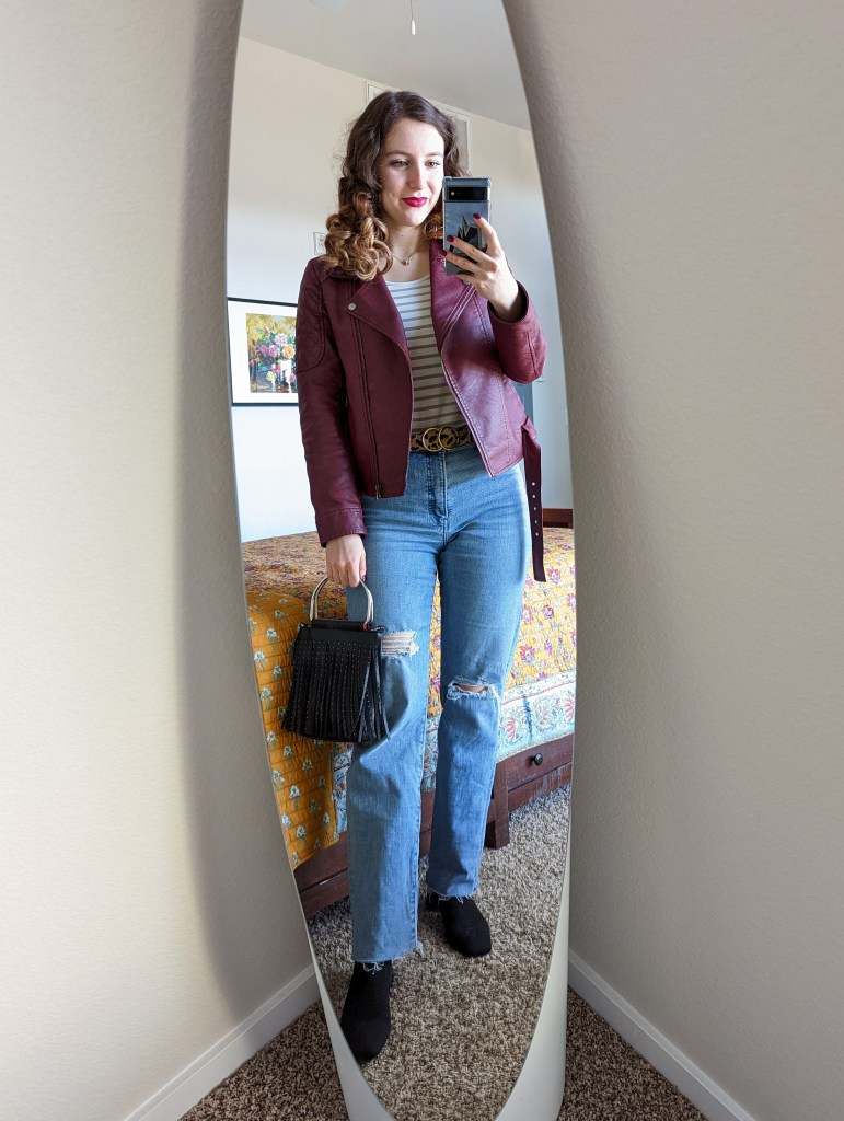 striped-tee-maroon-moto-jacket-straight-leg-jeans-black-booties