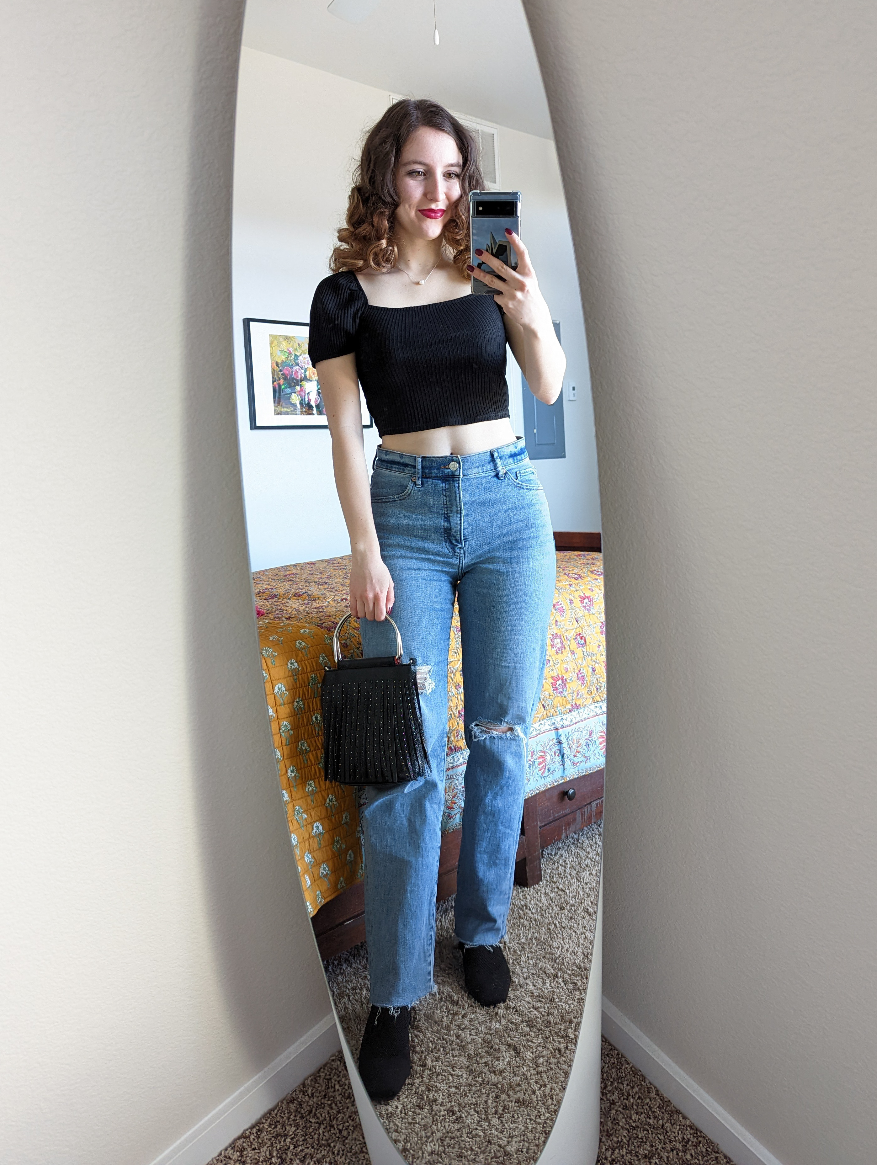 black-crop-top-HM-straight-leg-jeans-black-fringe-purse