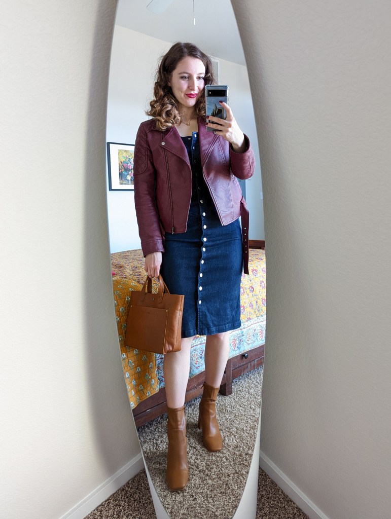 denim-button-dress-maroon-moto-jacket-brown-leather-purse-midcalf-booties