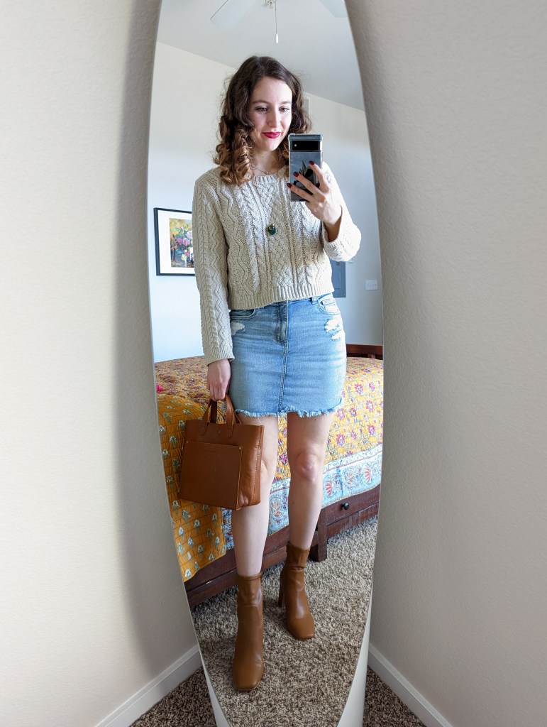 beige-cropped-sweater-denim-skirt-brown-purse-portland-leather-goods-midcalf-booties