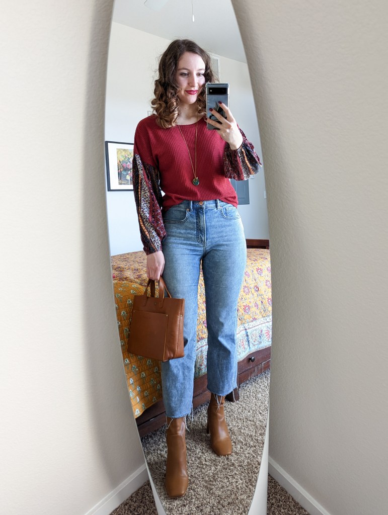 red-patterned-top-cropped-flared-jeans-brown-purse-mid-calf-booties