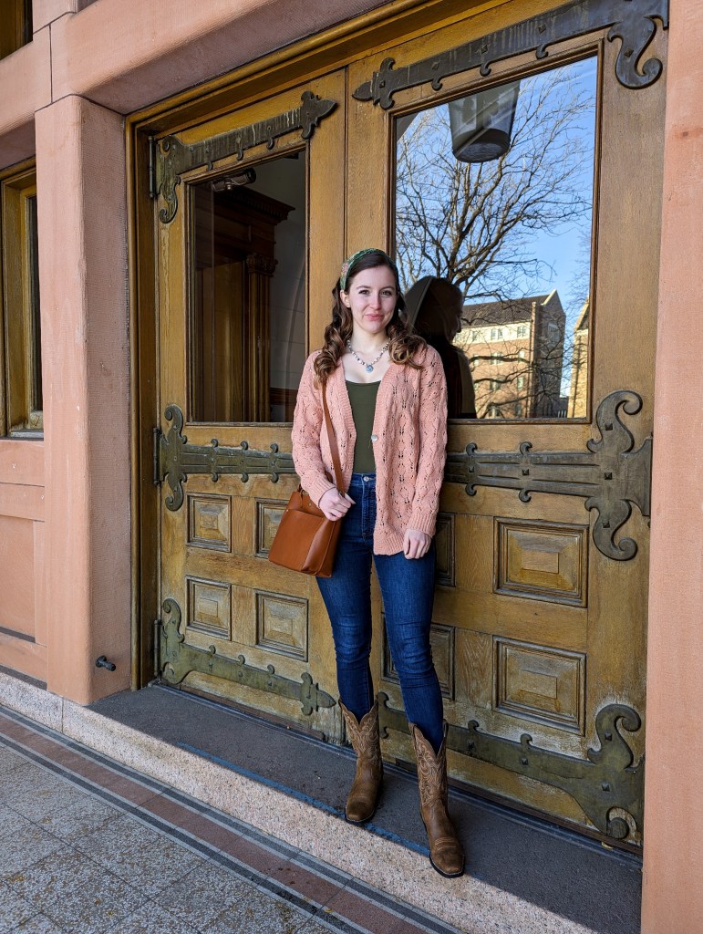 cowgirl-boots-ariat-portland-leather-goods-satchel-cardigan-francescas-bodysuit