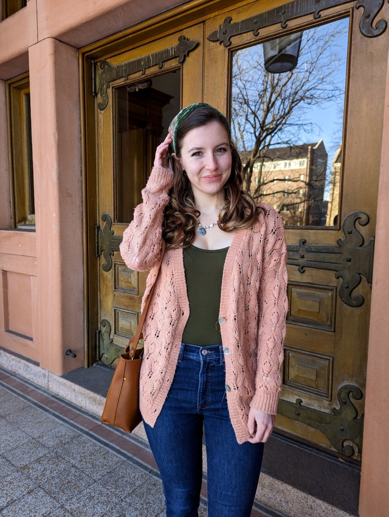 pearl-necklace-coral-cardigan-olive-green-express-jeans