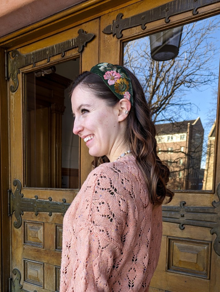 embroidered-headband-coral-sweater-curled-hair-post-grad-blogger-2023-goals