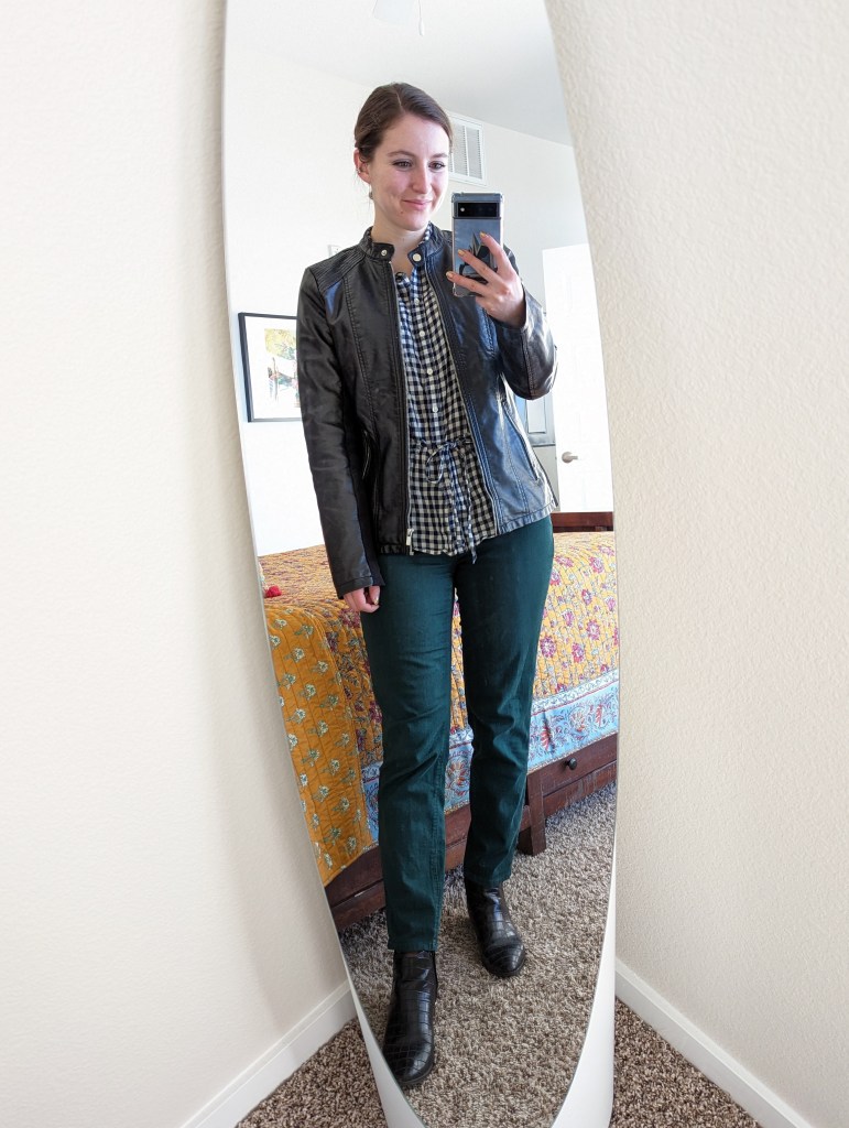 buffalo-check-collared-shirt-black-leather-jacket-green-pants-black-booties