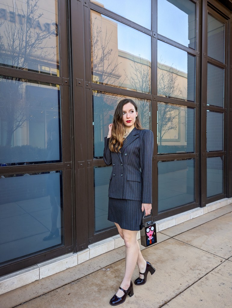berry-lipstick-pinstripes-skirt-suit-mary-jane-shoes