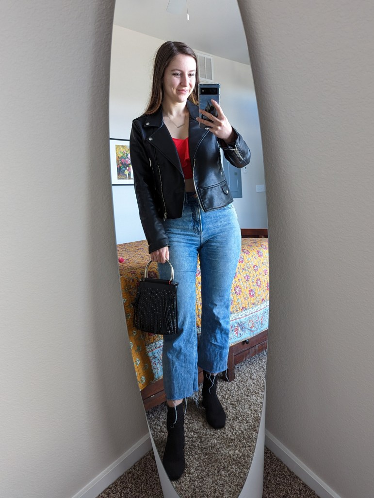 red-crop-top-leather-jacket-cropped-flared-jeans-black-booties-vivaia