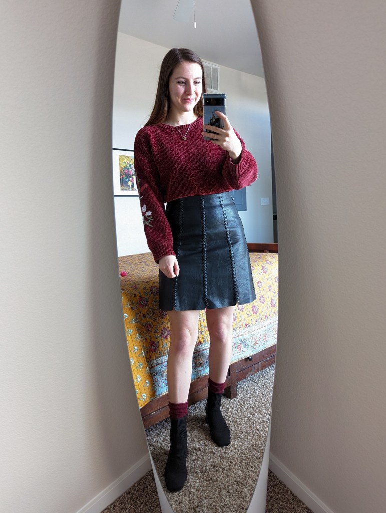 maroon-embroidered-sweater-francescas-leather-skirt-black-booties-vivaia