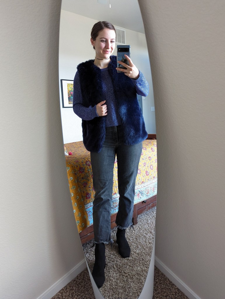 purple-sweater-hand-me-down-fur-vest-grey-jeans-express