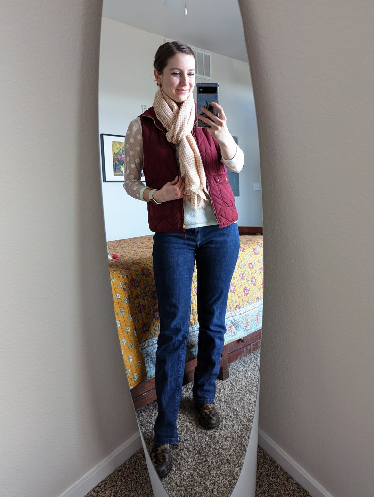 polka-dot-top-maroon-quilted-vest-jeans-leopard-rain-boots-ralph-lauren