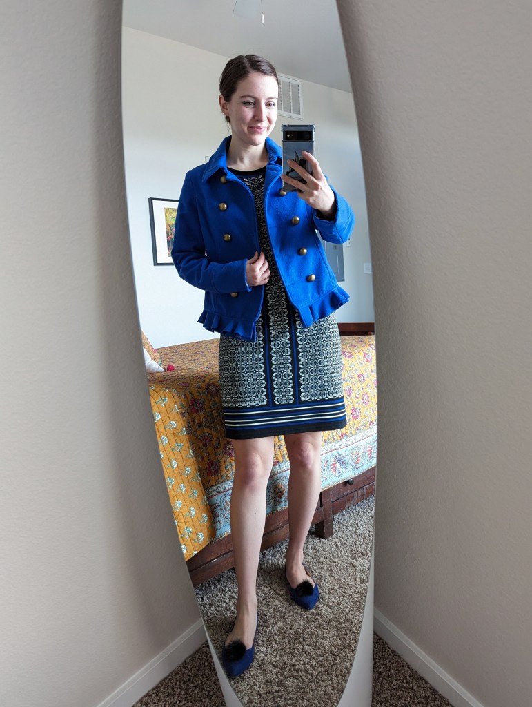 cobalt-blue-peacoat-patterned-dress-blue-flats-pom-pom-shoe-clips
