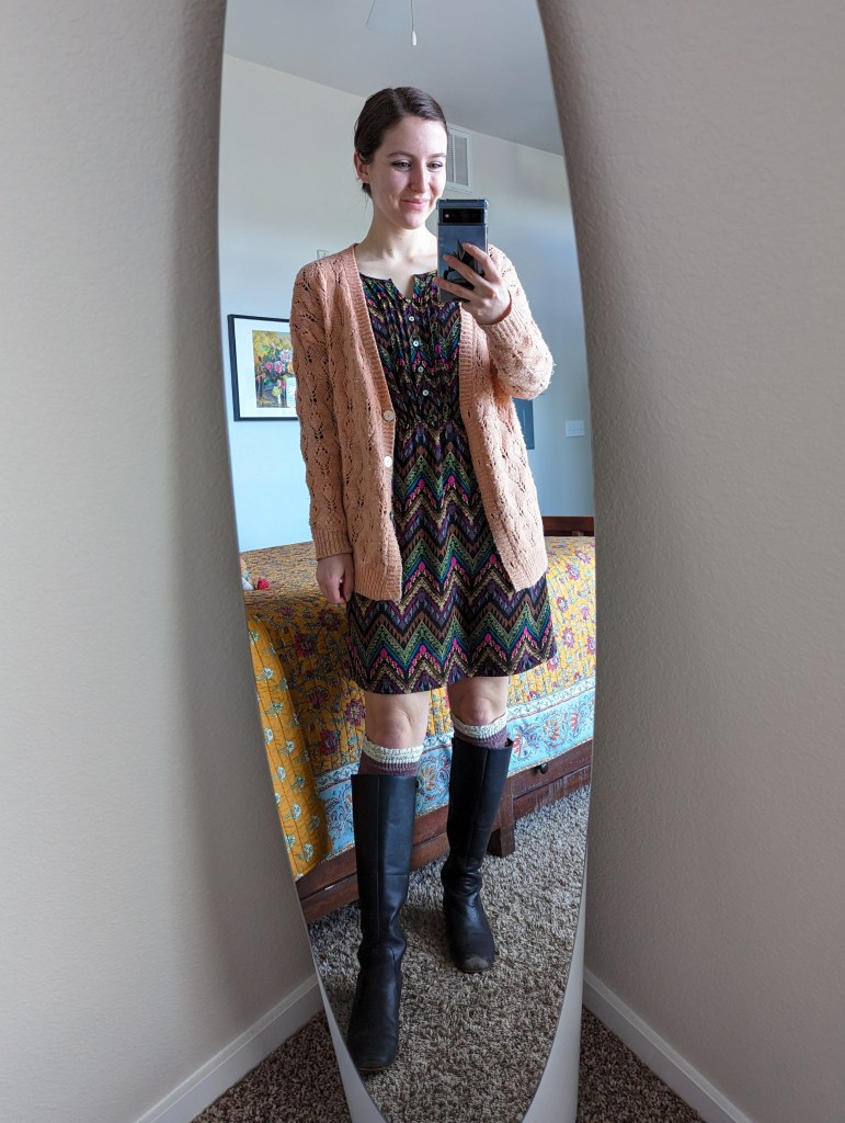 brown-chevron-dress-charming-charlie-salmon-colored-cardigan-knee-boots