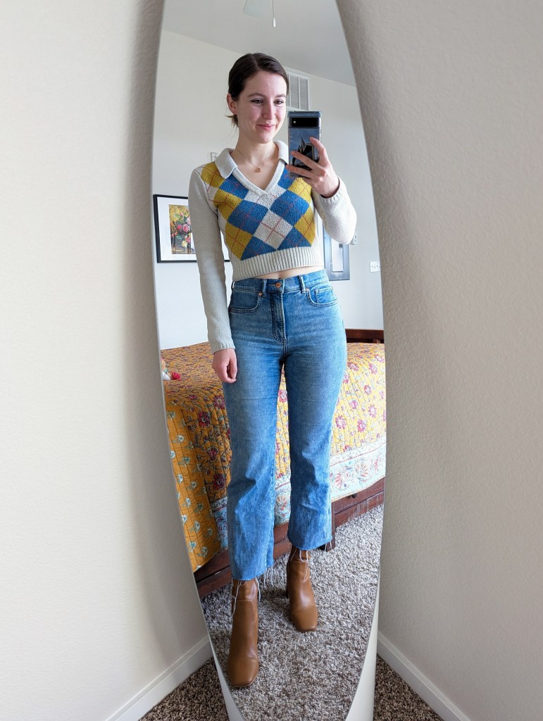 argyle-collared-sweater-cropped-flared-jeans-brown-booties-express