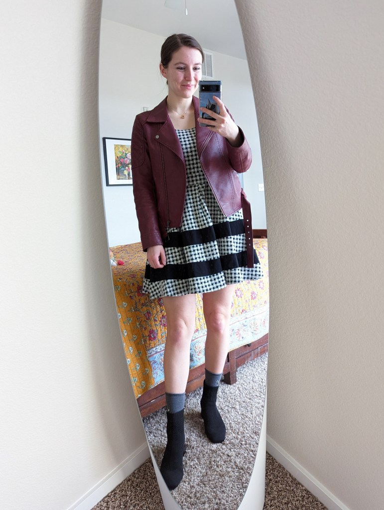 patterned-dress-stripes-envy-boutique-maroon-moto-jacket-black-booties-vivaia