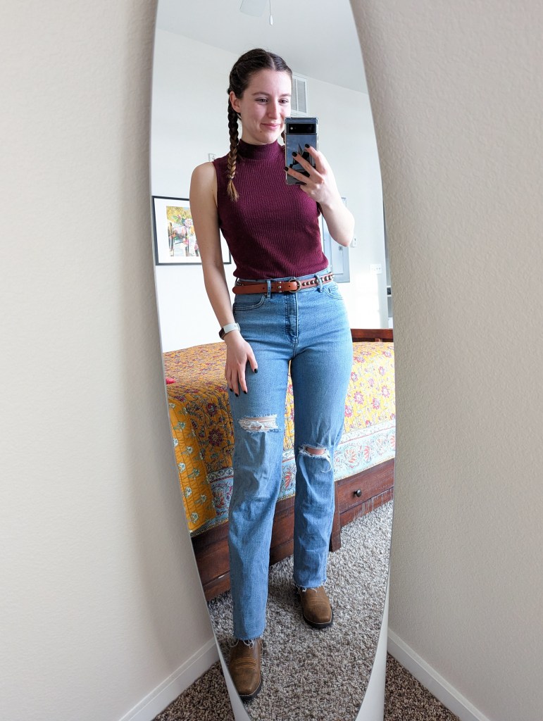 cowgirl-boots-line-dancing-mock-neck-top-jcpenney-express-straight-leg-jeans-ariat-boots