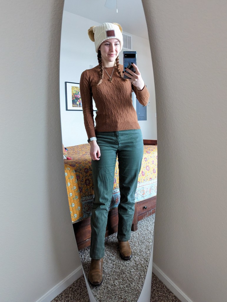 brown-sweater-love-your-melon-beanie-olive-green-pants-cowgirl-boots