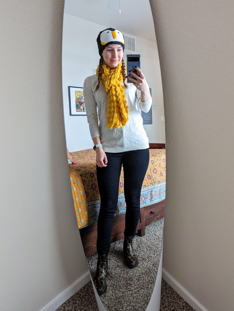 mustard-scarf-penguin-hat-black-skinny-jeans-express-leopard-rain-booties