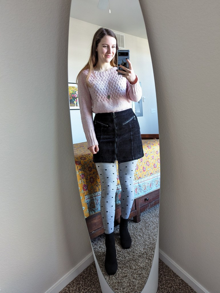 pink-sweater-black-corduroy-skirt-polka-dot-tights-black-booties