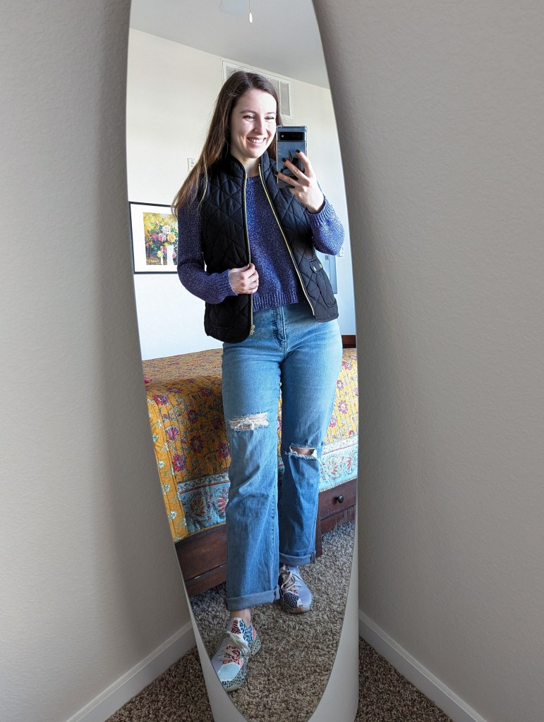 purple-sweater-black-quilted-vest-straight-leg-jeans-express-uin-shoes