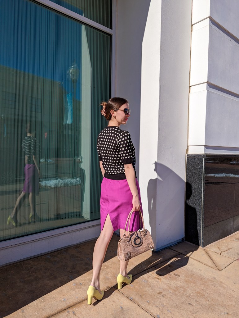 brown-patent-purse-bright-pencil-skirt-work-wear-polka-dot-sweater