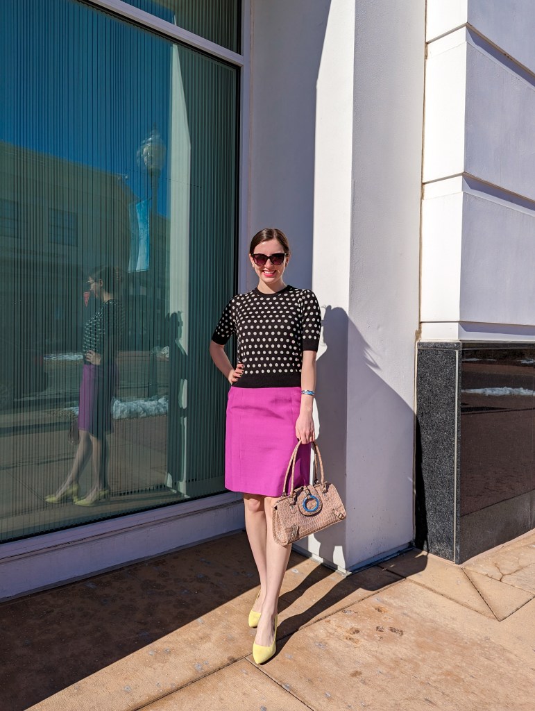 bold-girly-outfit-work-wear-magenta-skirt-yellow-heels