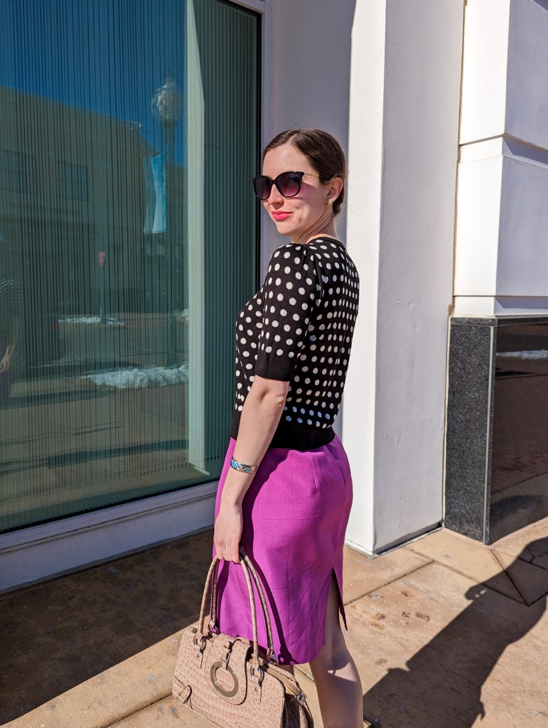 polka-dot-sweater-dr2-by-daniel-rainn-magenta-skirt-workwear-brown-purse
