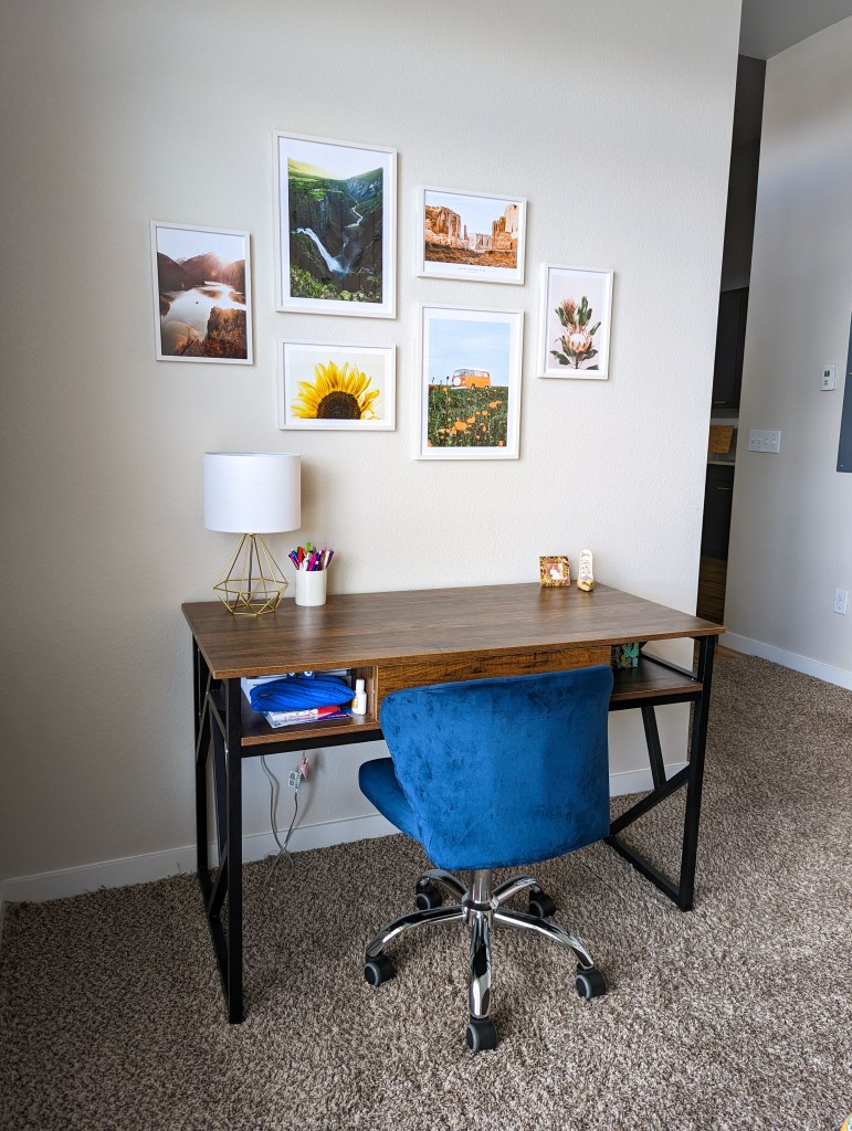 poster-store-gallery-wall-blue-desk-chair-brown-wooden-desk-target-geometric-lamp