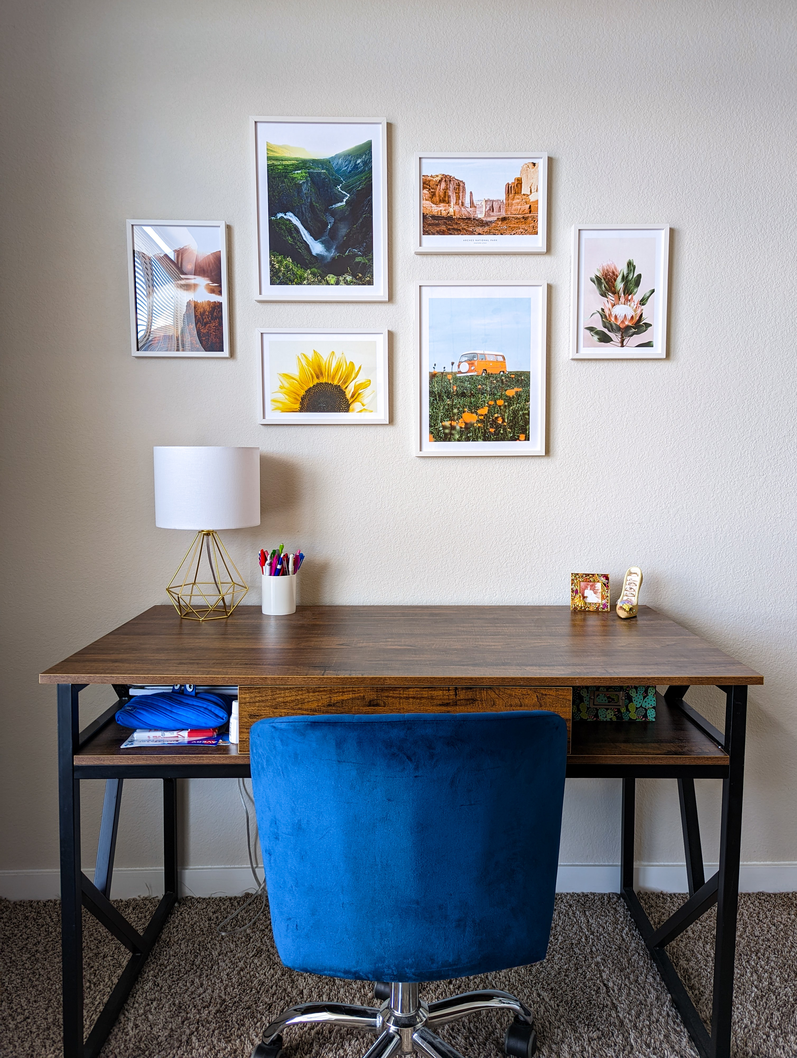 gold-geometric-lamp-blue-desk-chair-poster-store-gallery-wall