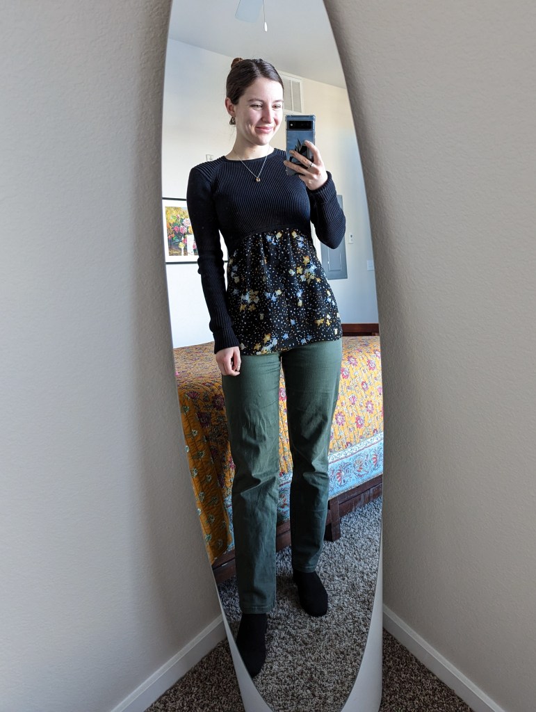 black-cropped-sweater-cabi-clothing-floral-blouse-olive-green-pants-black-booties