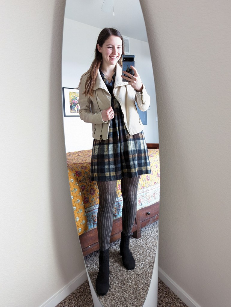 beige-coat-brown-plaid-dress-black-booties