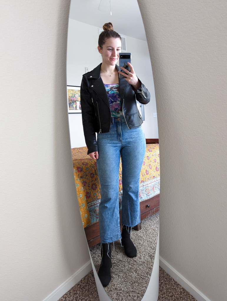 floral-top-cropped-flared-jeans-express-black-vivaia-booties-black-leather-jacket