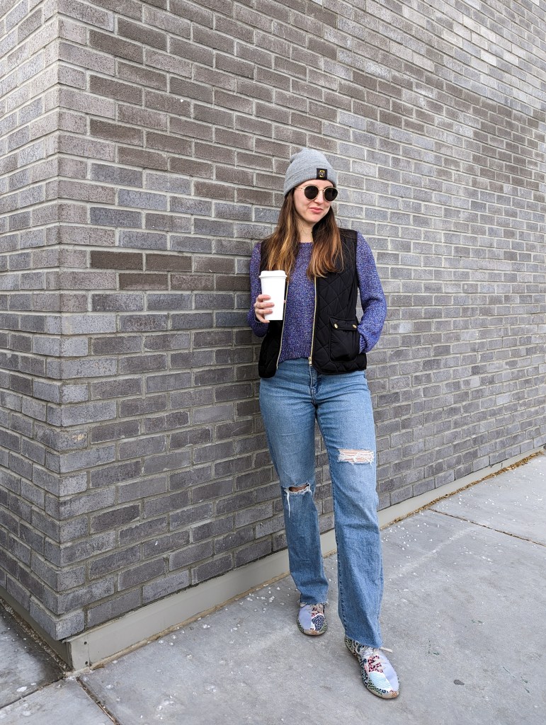 straight-leg-jeans-purple-sweater-black-quilted-vest