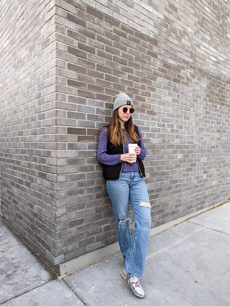 express-jeans-purple-sweater-black-quilted-vest-grey-beanie-love-your-melon