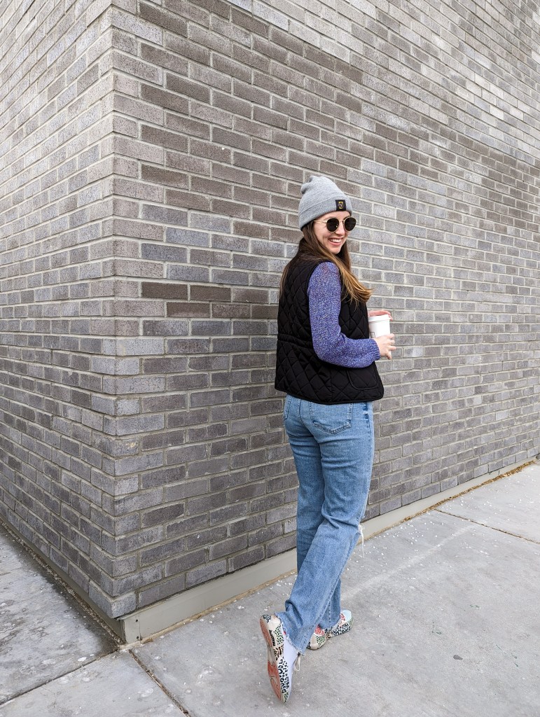 purple-sweater-black-vest-sungait-sunglasses-mijas-sneakers-UIN-shoes