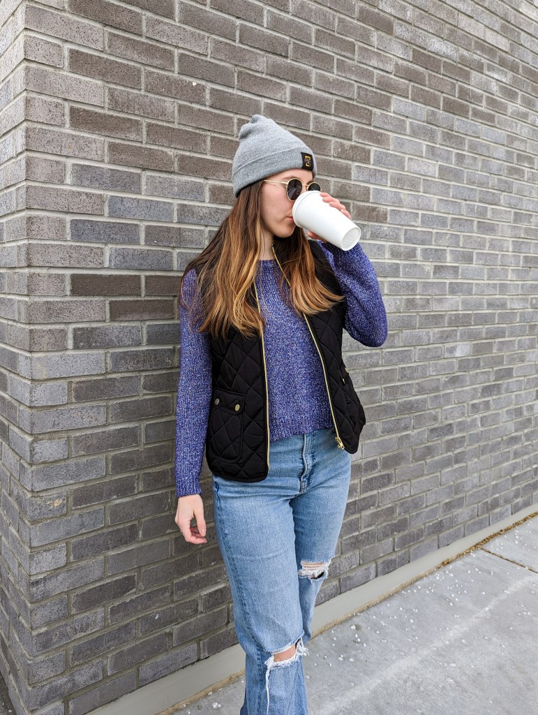 grey-beanie-black-vest-purple-sweater-straight-leg-jeans