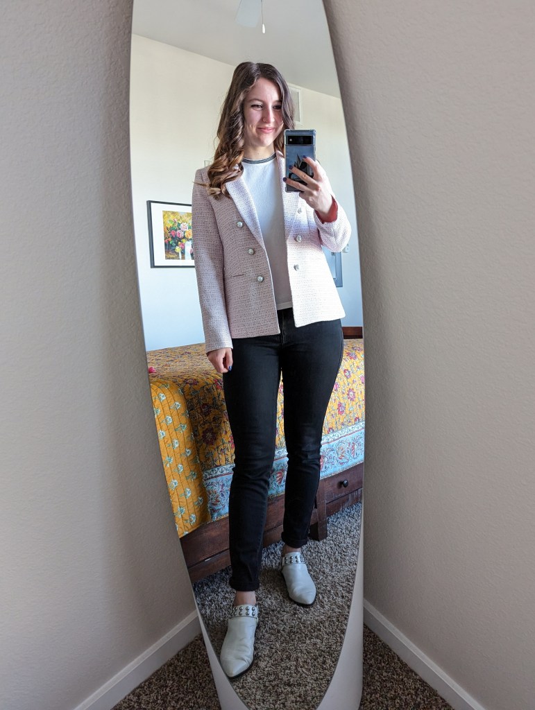 pink-tweed-blazer-pearl-buttons-black-jeans-white-mules