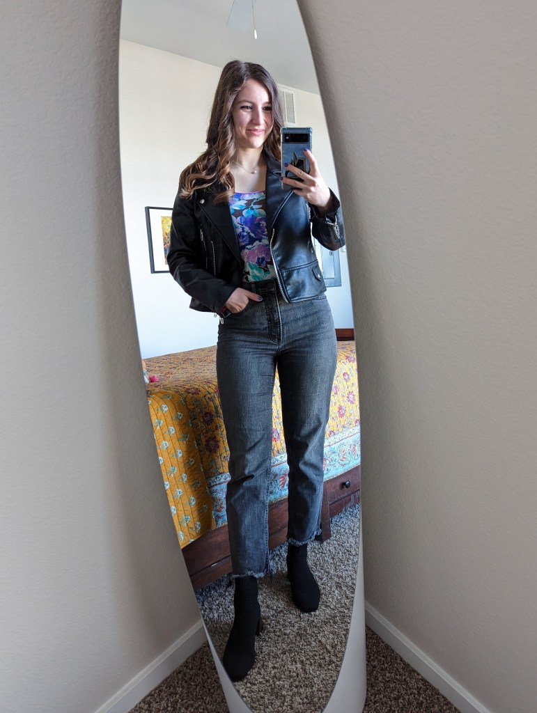 floral-top-black-leather-jacket-grey-straight-leg-jeans-black-booties
