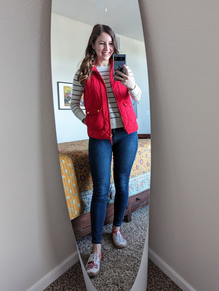 red-quilted-vest-striped-sweater-skinny-jeans-UIN-footwear