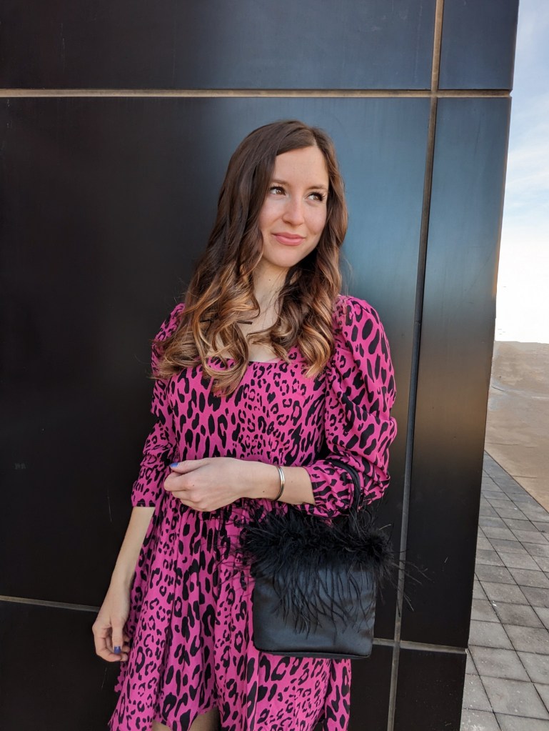 pink-leopard-dress-black-feather-purse