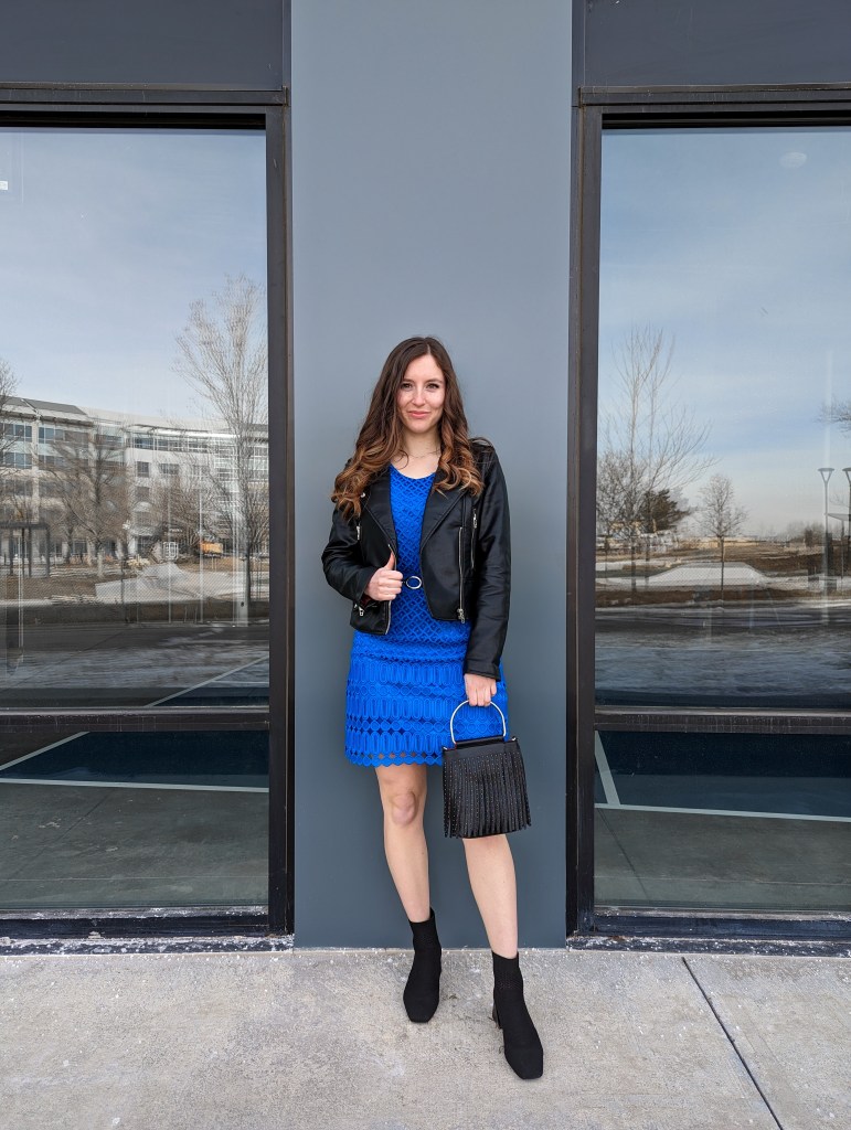 bold-color-cobalt-blue-black-vivaia-booties-leather-jacket