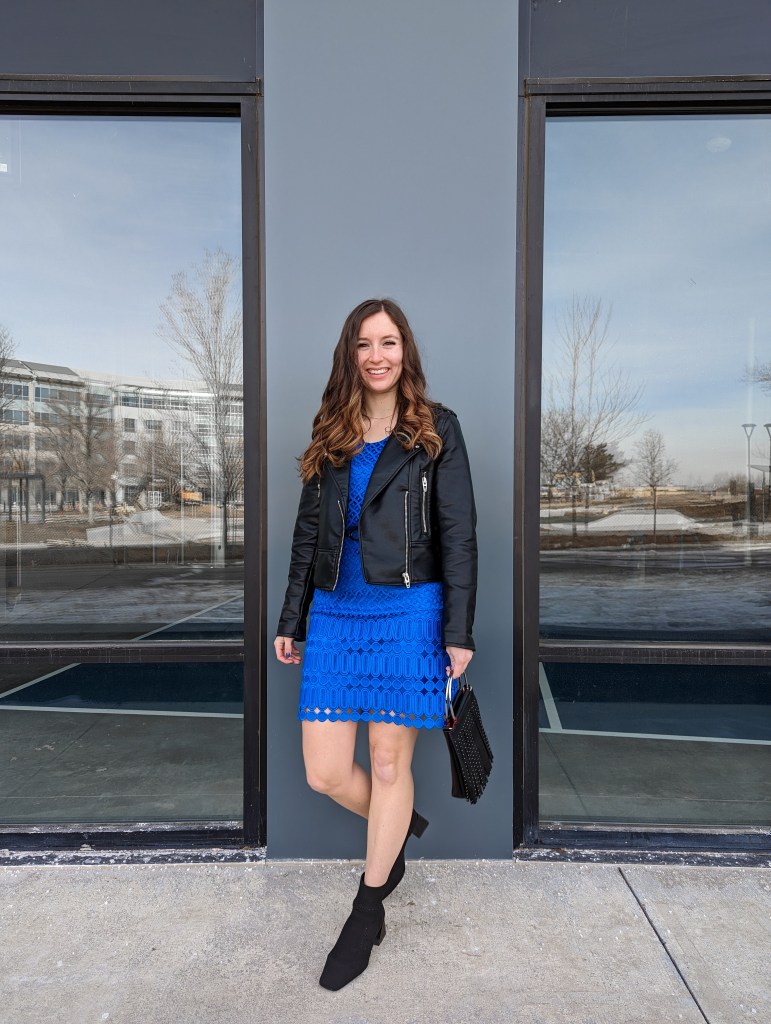 blue-lace-dress-thrifted-black-leather-jacket-fringe-purse-vivaia-booties