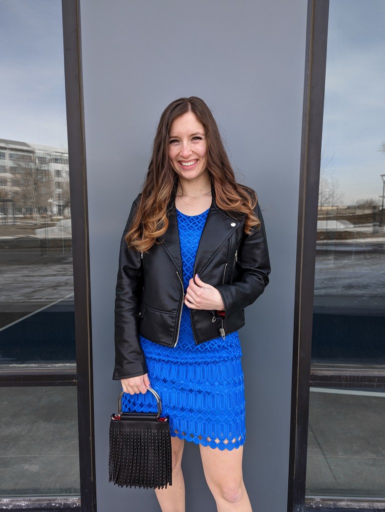 thrifted-dress-secondhand-style-black-leather-jacket-blue-dress
