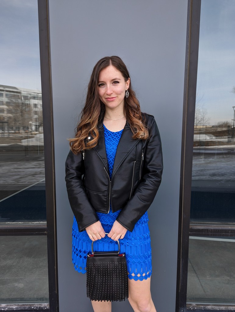 clip-on-earrings-black-leather-jacket-blue-cobalt-dress-thrifted-fringe-purse