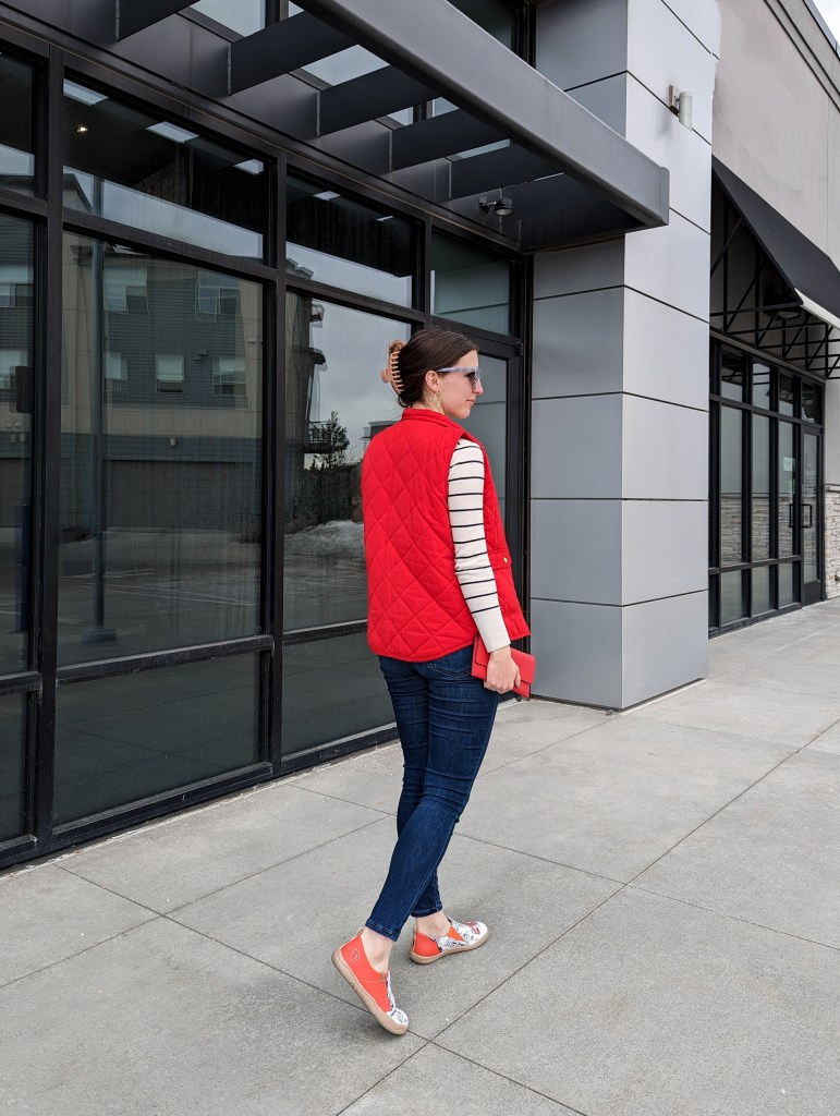 red-quilted-vest-striped-sweater-banana-republic-skinny-jeans-express