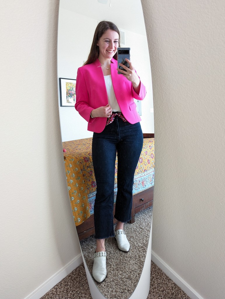 pink-blazer-white-thrifted-blouse-cropped-flared-jeans-white-mules