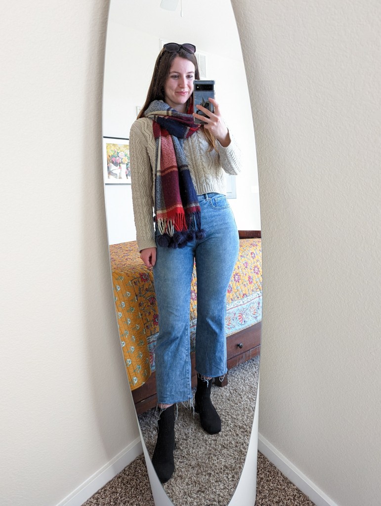 plaid-blanket-scarf-beige-sweater-cropped-flared-jeans-black-booties